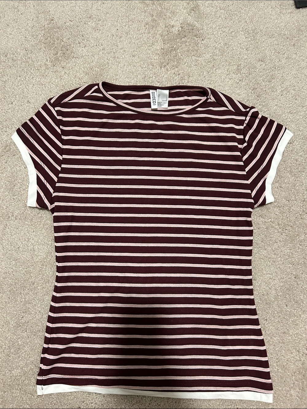 H&M Women's Burgundy & White Striped Short Sleeve Tee